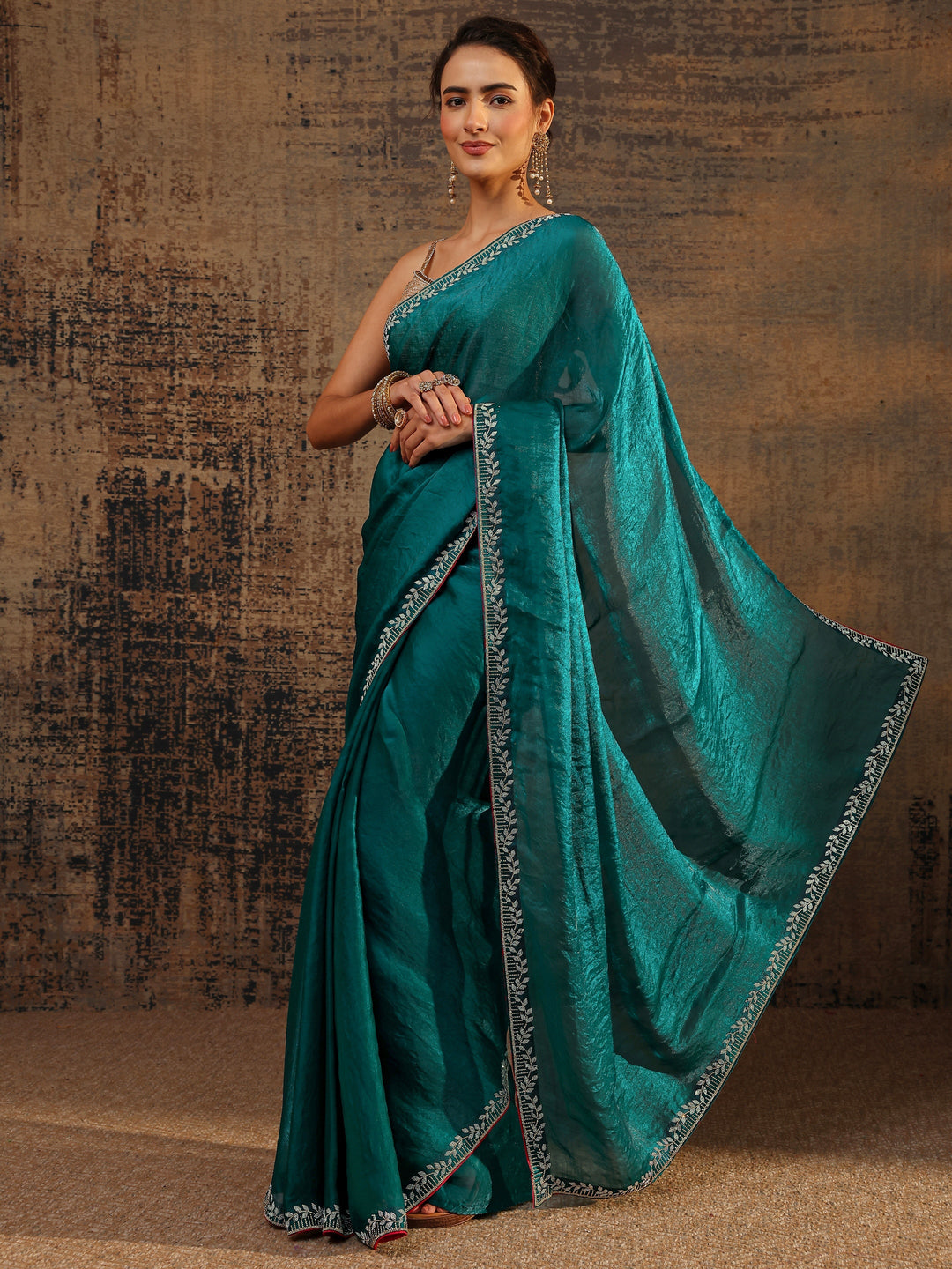 Green Solid Satin Saree With Unstitched Blouse Piece