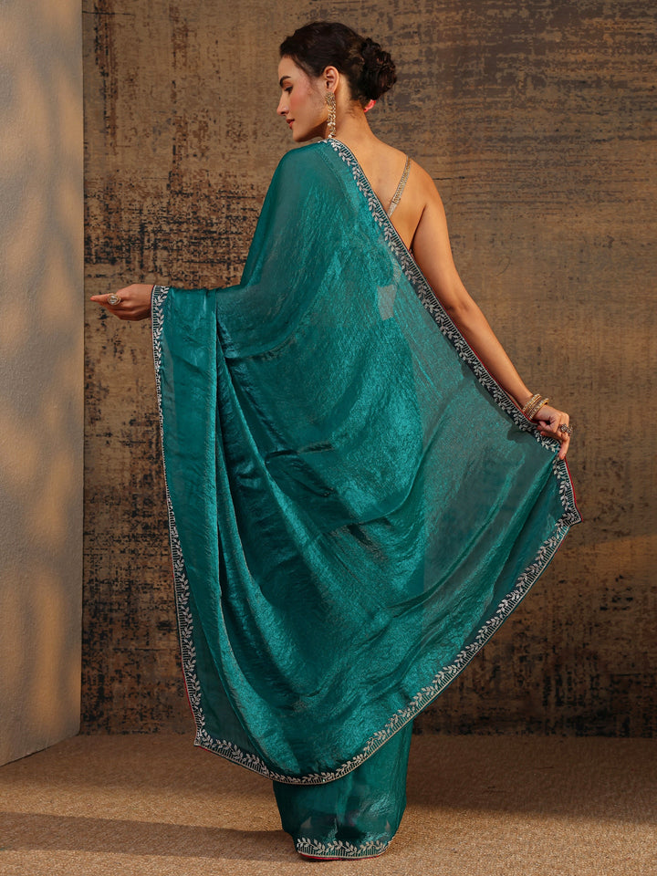 Green Solid Satin Saree With Unstitched Blouse Piece