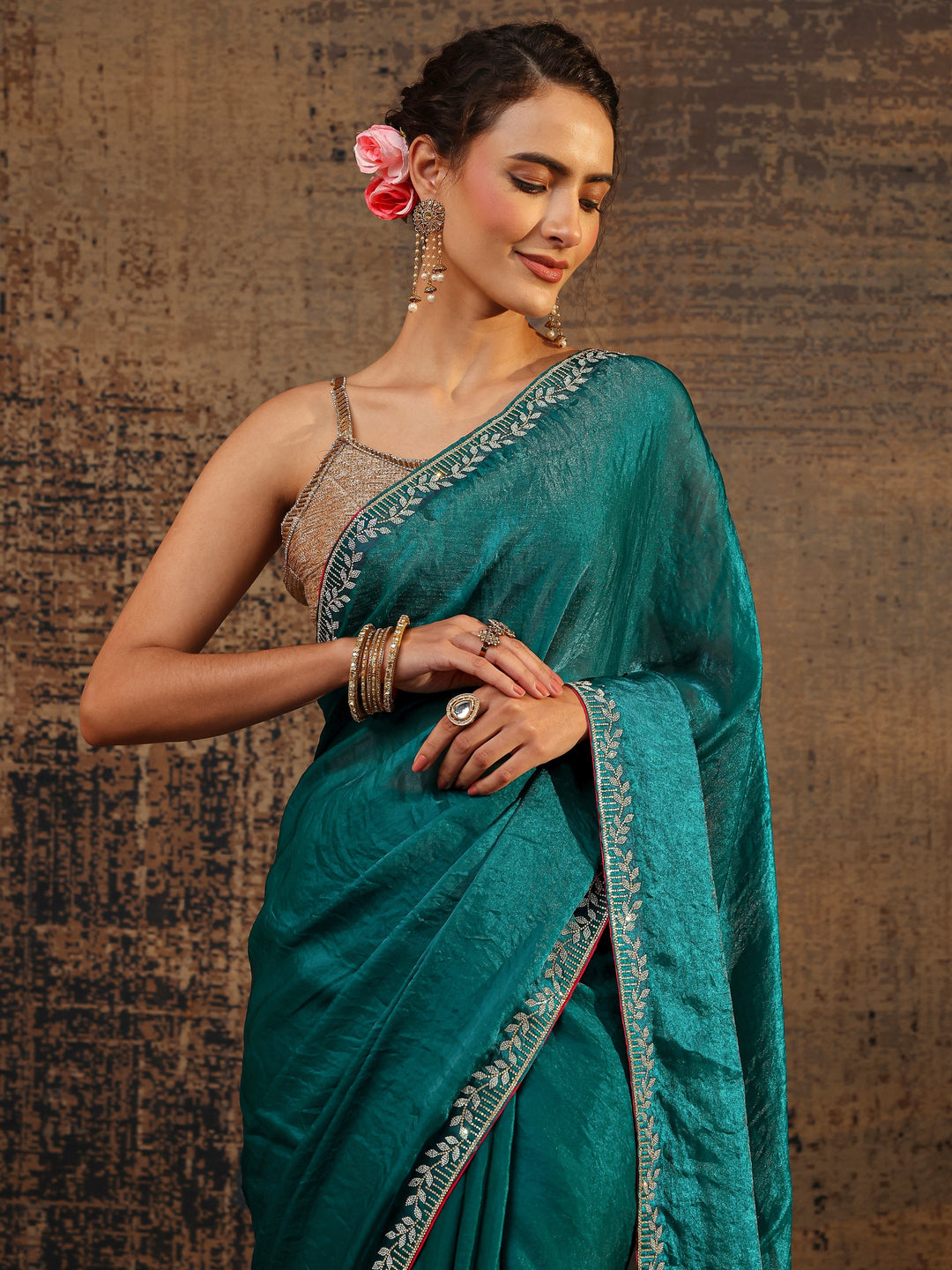 Green Solid Satin Saree With Unstitched Blouse Piece