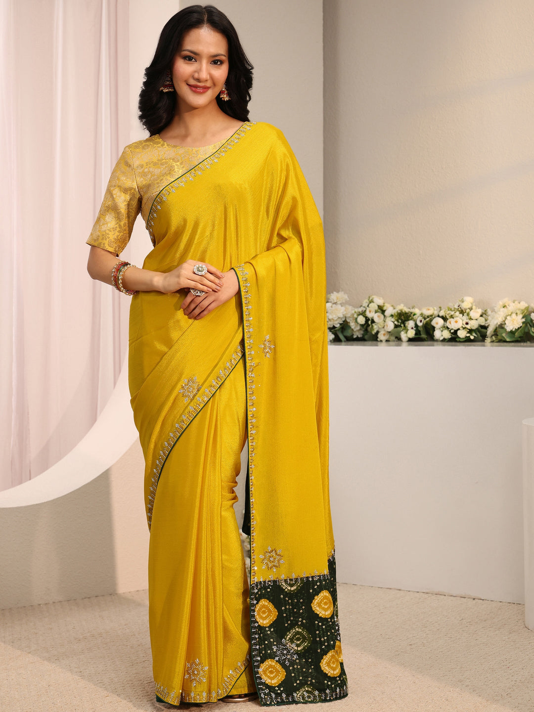 Libas Mustard Embellished Chinon Saree With Unstitched Blouse Piece
