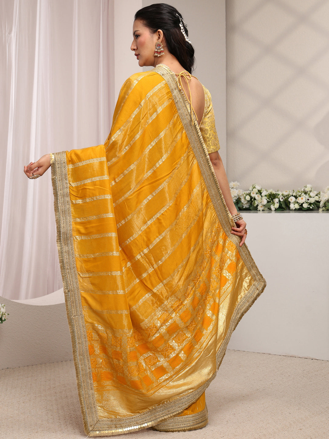 Mustard Striped Woven Design Chiffon Saree With Unstitched Blouse Piece