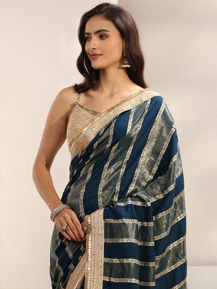 Navy Blue Striped Woven Design Chiffon Saree With Unstitched Blouse Piece