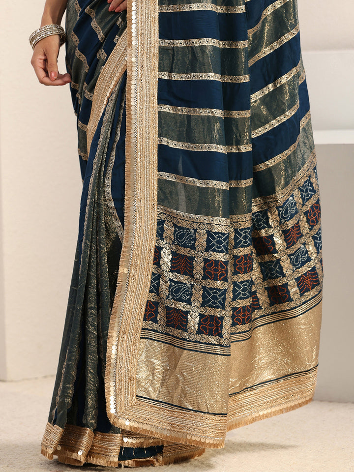 Navy Blue Striped Woven Design Chiffon Saree With Unstitched Blouse Piece