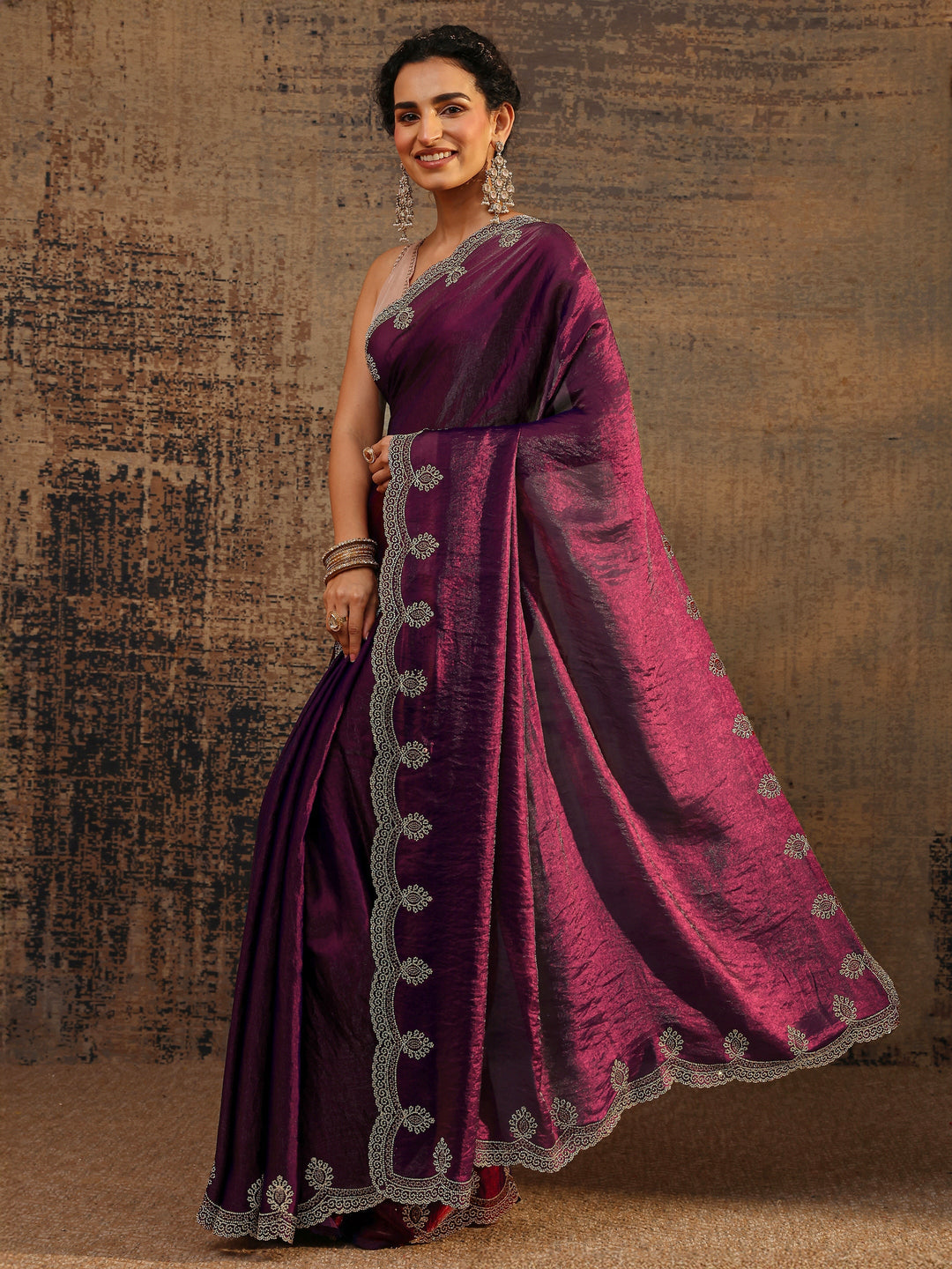 Burgundy Solid Satin Saree With Unstitched Blouse Piece
