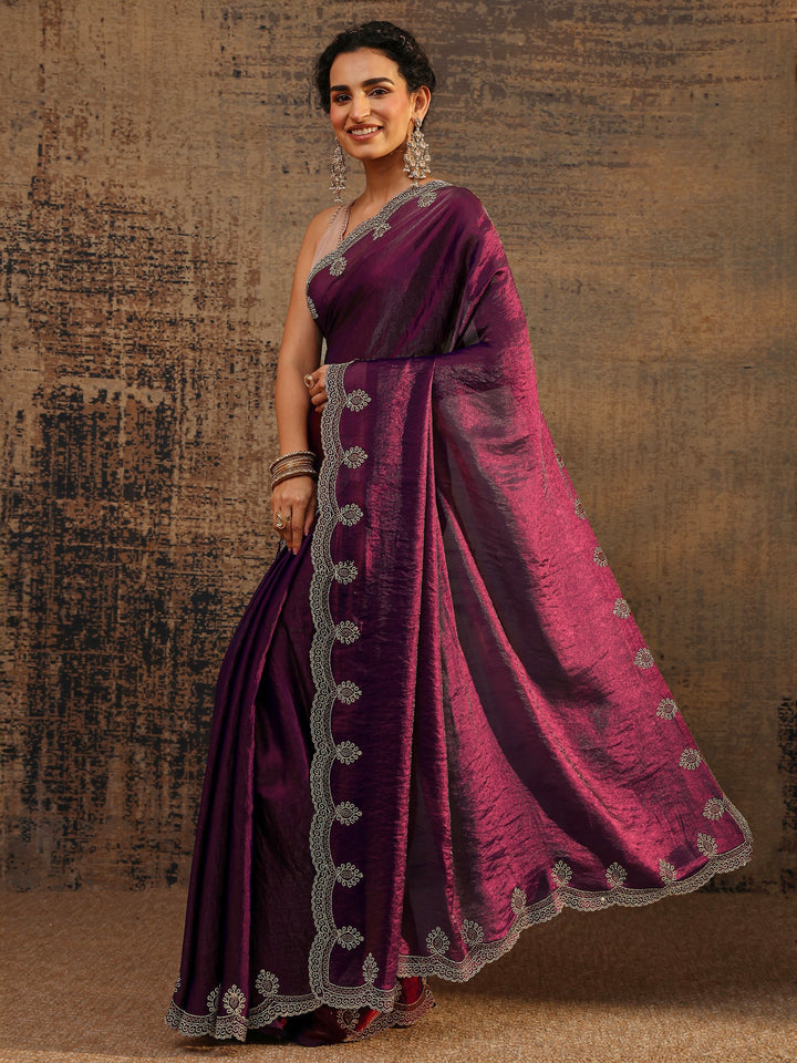 Burgundy Solid Satin Saree With Unstitched Blouse Piece