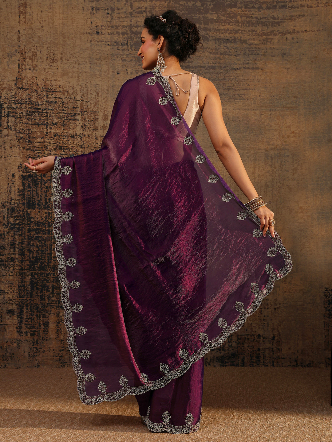 Burgundy Solid Satin Saree With Unstitched Blouse Piece