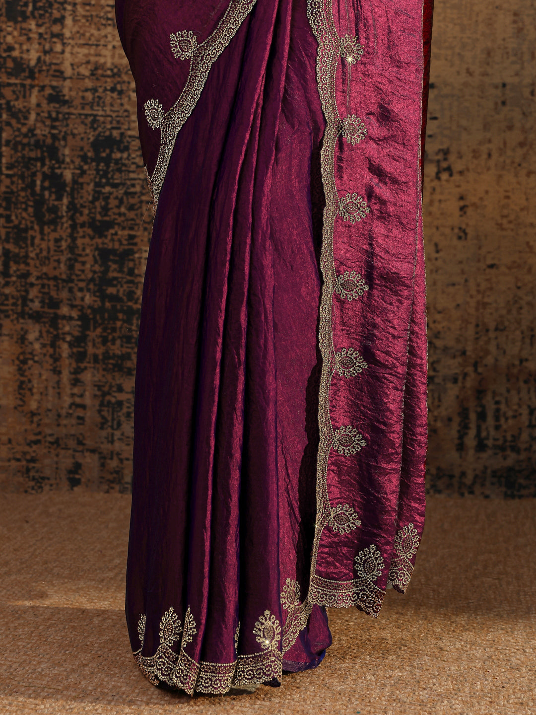 Burgundy Solid Satin Saree With Unstitched Blouse Piece