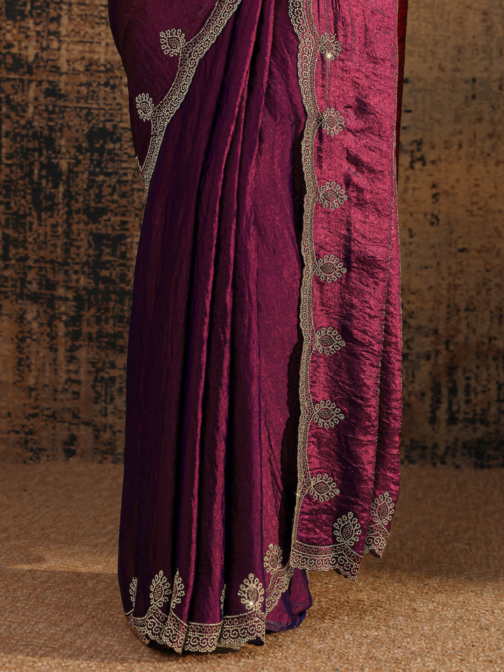 Burgundy Solid Satin Saree With Unstitched Blouse Piece