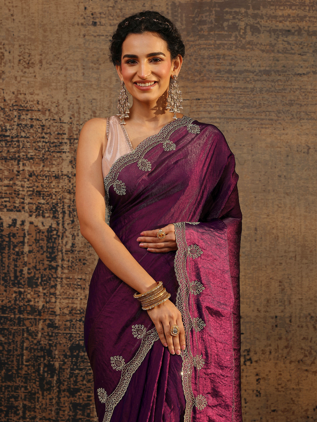 Burgundy Solid Satin Saree With Unstitched Blouse Piece