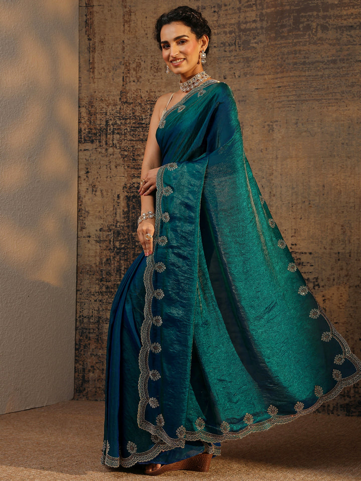Blue Solid Satin Saree With Unstitched Blouse Piece