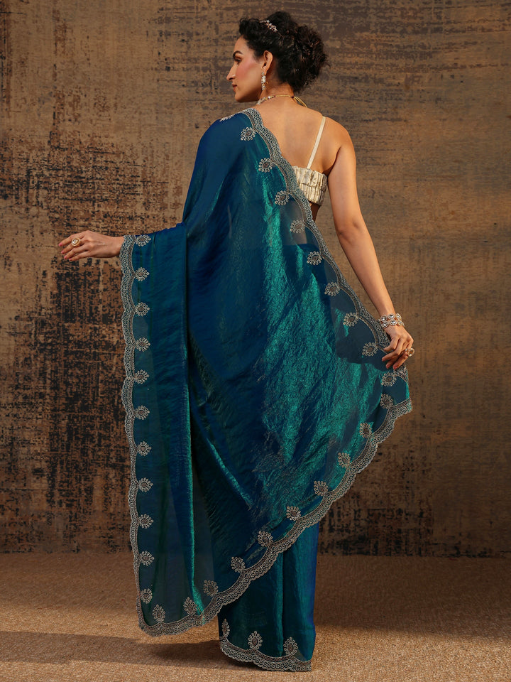 Blue Solid Satin Saree With Unstitched Blouse Piece