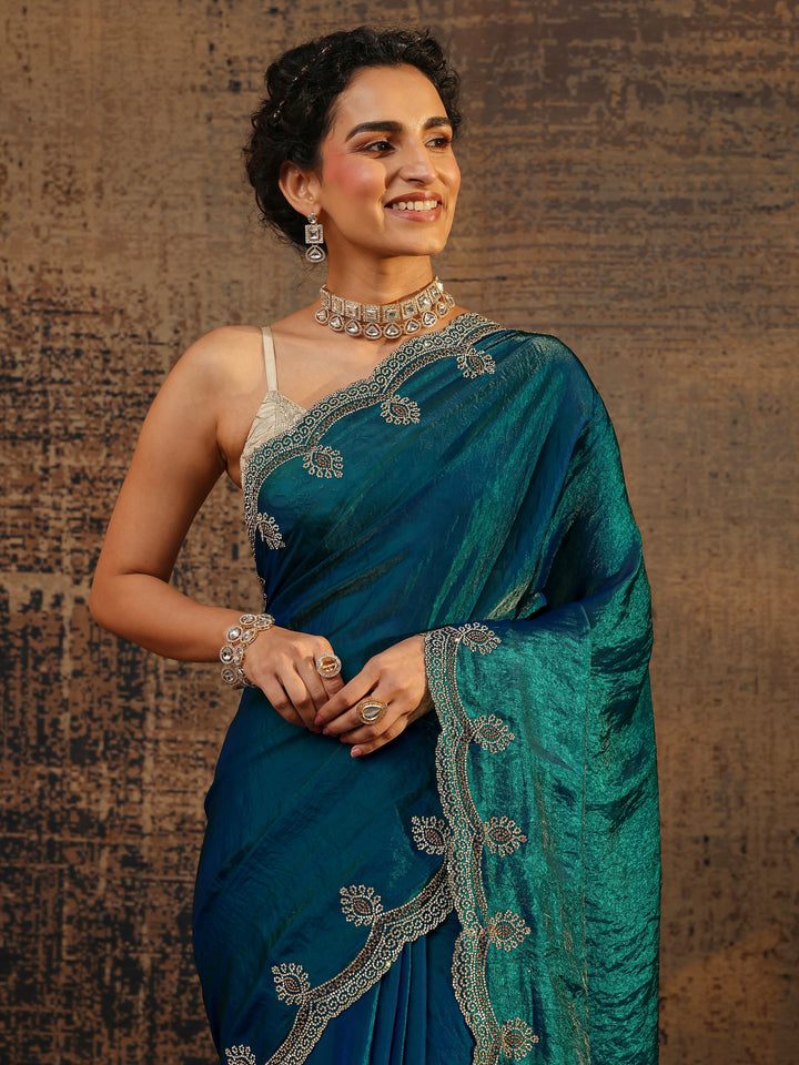 Blue Solid Satin Saree With Unstitched Blouse Piece