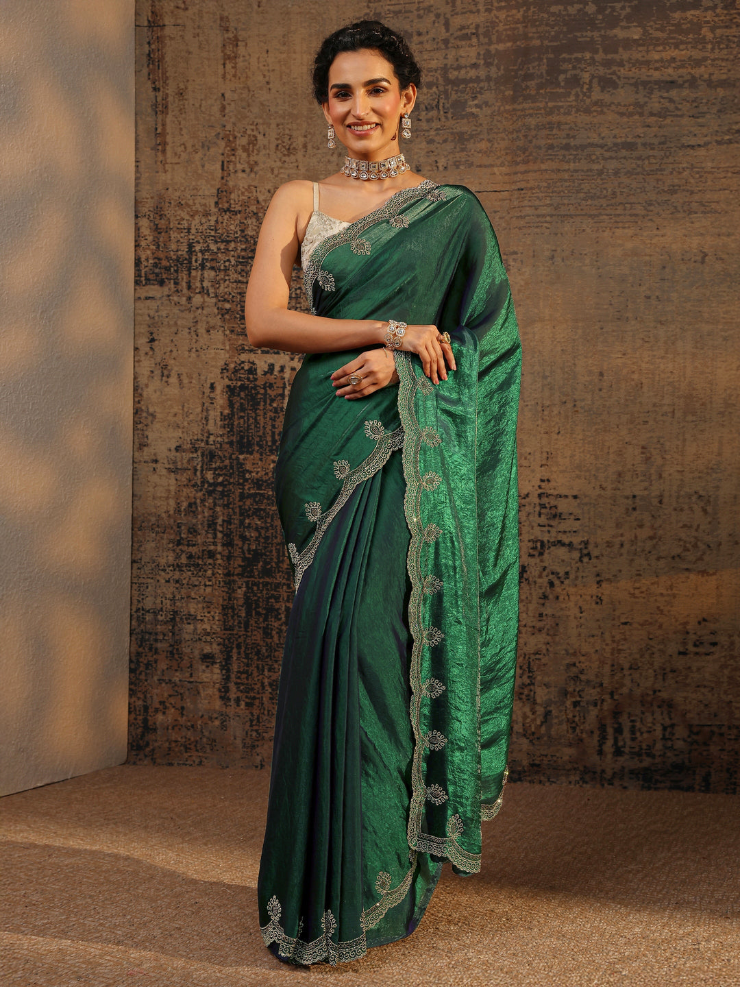 Green Solid Satin Saree With Unstitched Blouse Piece