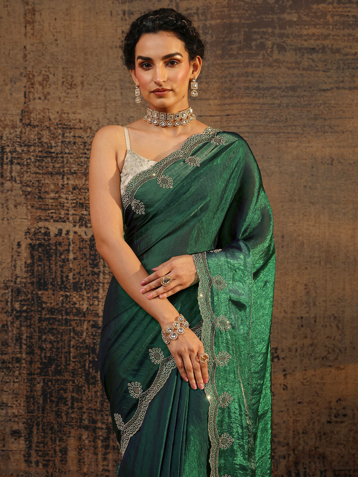 Green Solid Satin Saree With Unstitched Blouse Piece