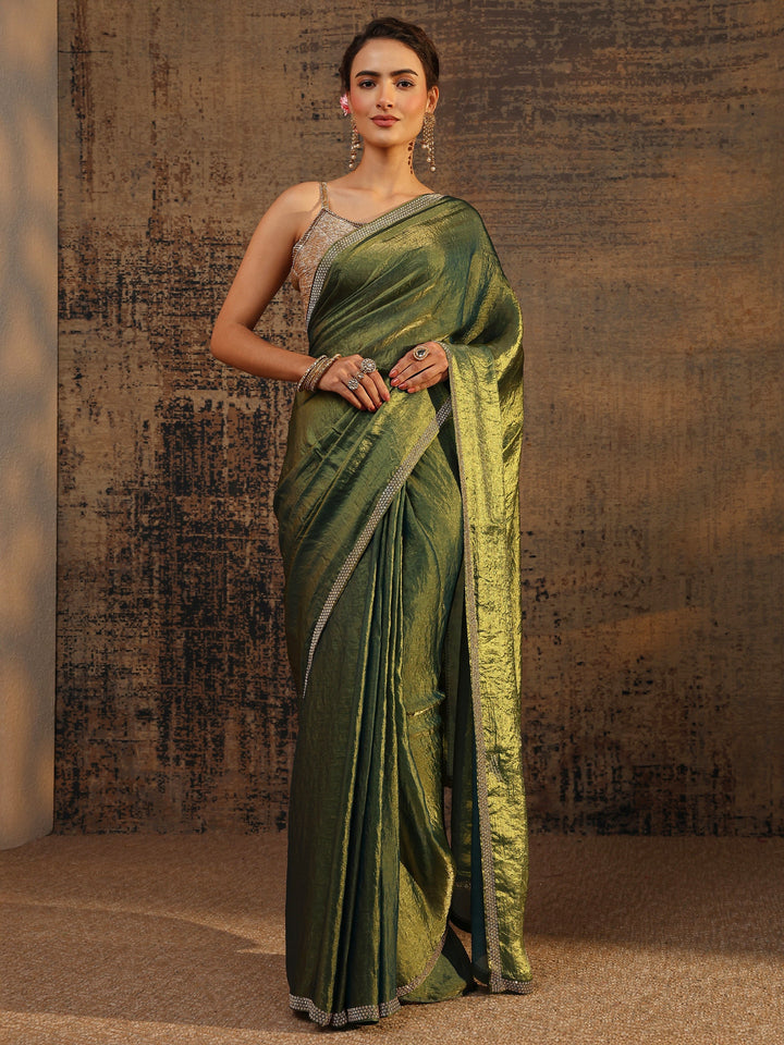 Green Solid Satin Saree With Unstitched Blouse Piece