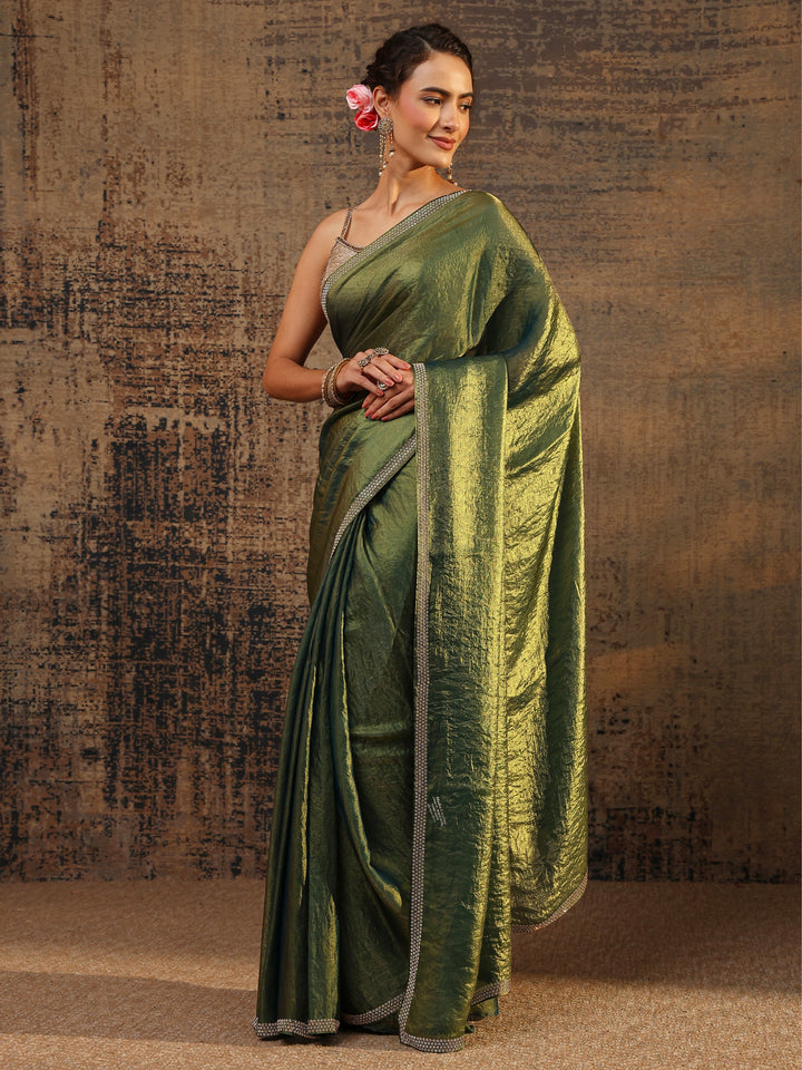 Green Solid Satin Saree With Unstitched Blouse Piece