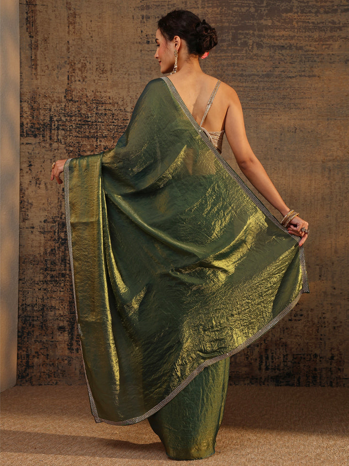 Green Solid Satin Saree With Unstitched Blouse Piece