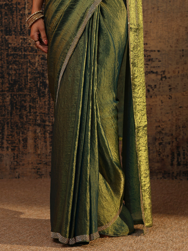 Green Solid Satin Saree With Unstitched Blouse Piece