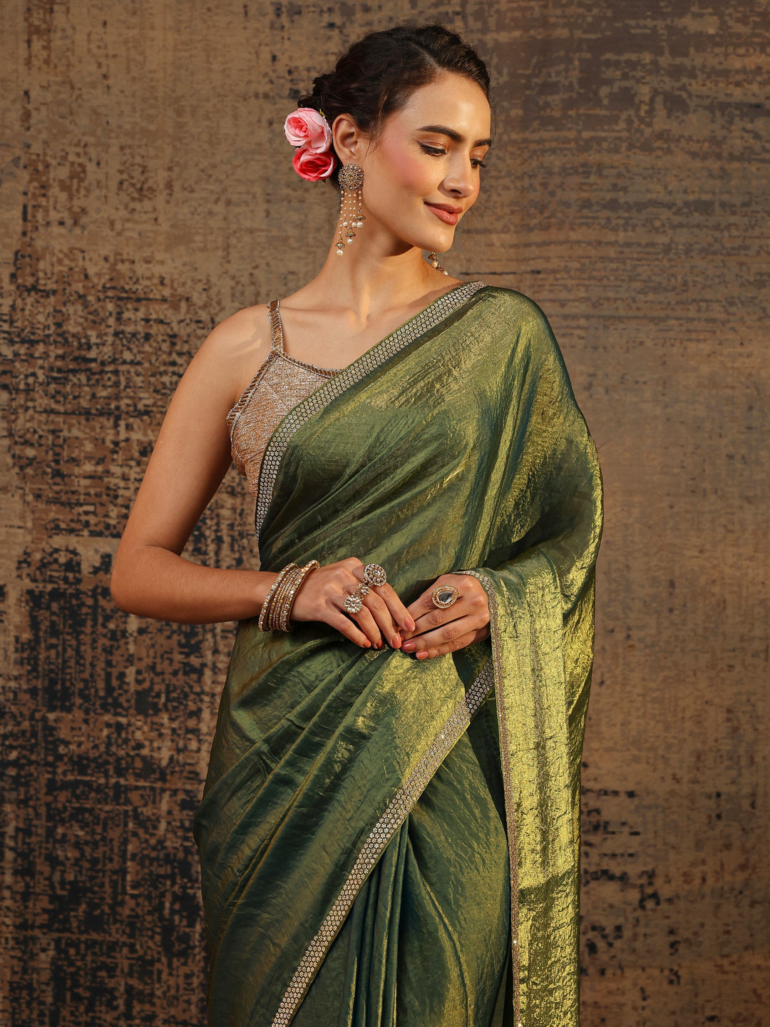 Green Solid Satin Saree With Unstitched Blouse Piece