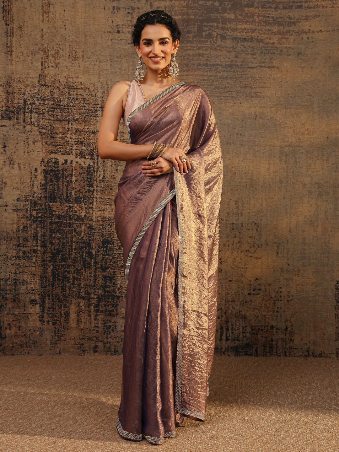 Brown Solid Satin Saree With Unstitched Blouse Piece