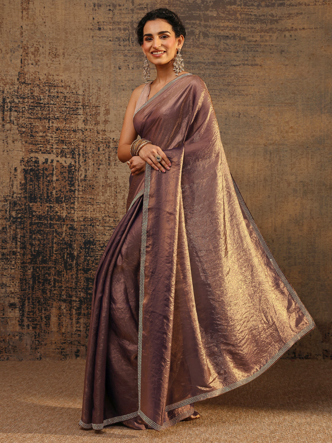 Brown Solid Satin Saree With Unstitched Blouse Piece