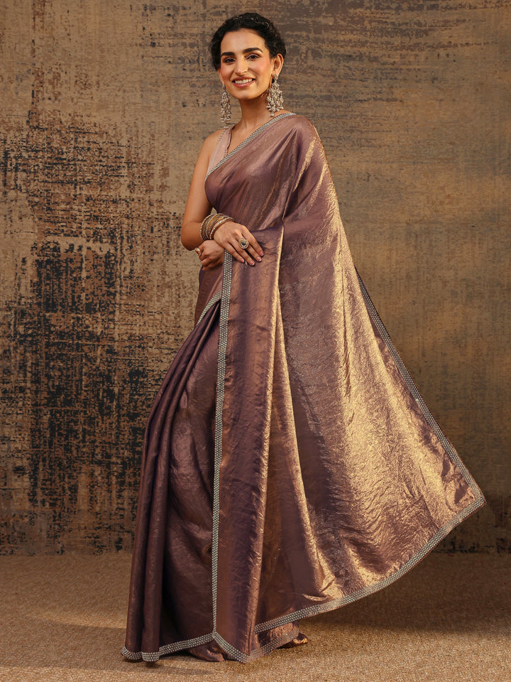 Brown Solid Satin Saree With Unstitched Blouse Piece