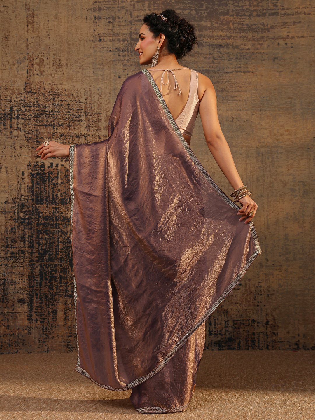 Brown Solid Satin Saree With Unstitched Blouse Piece