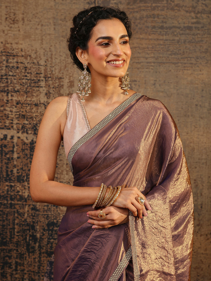 Brown Solid Satin Saree With Unstitched Blouse Piece