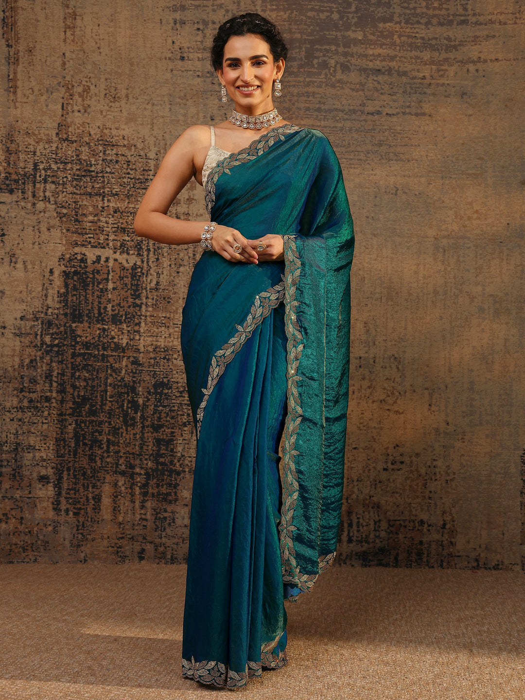 Blue Solid Satin Saree With Unstitched Blouse Piece