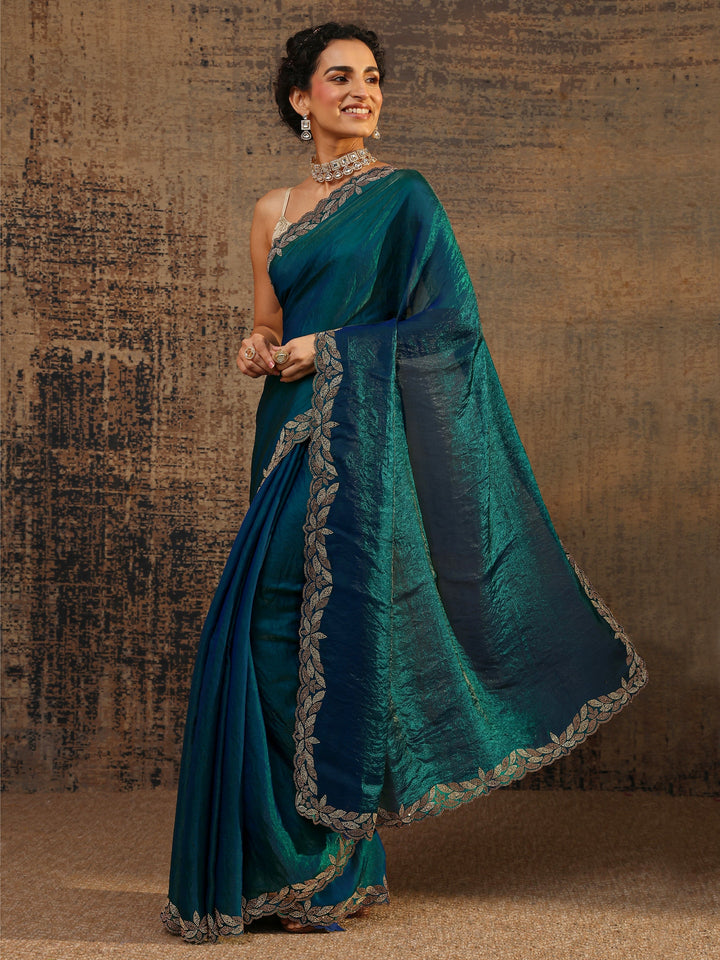 Blue Solid Satin Saree With Unstitched Blouse Piece