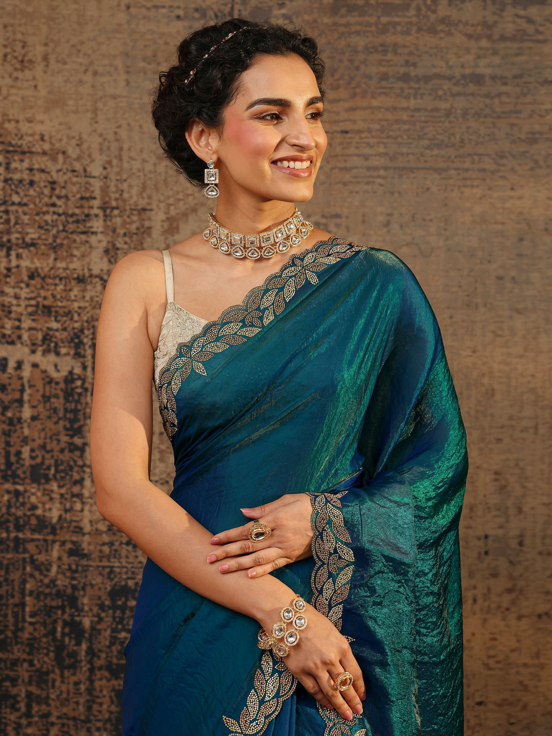 Blue Solid Satin Saree With Unstitched Blouse Piece
