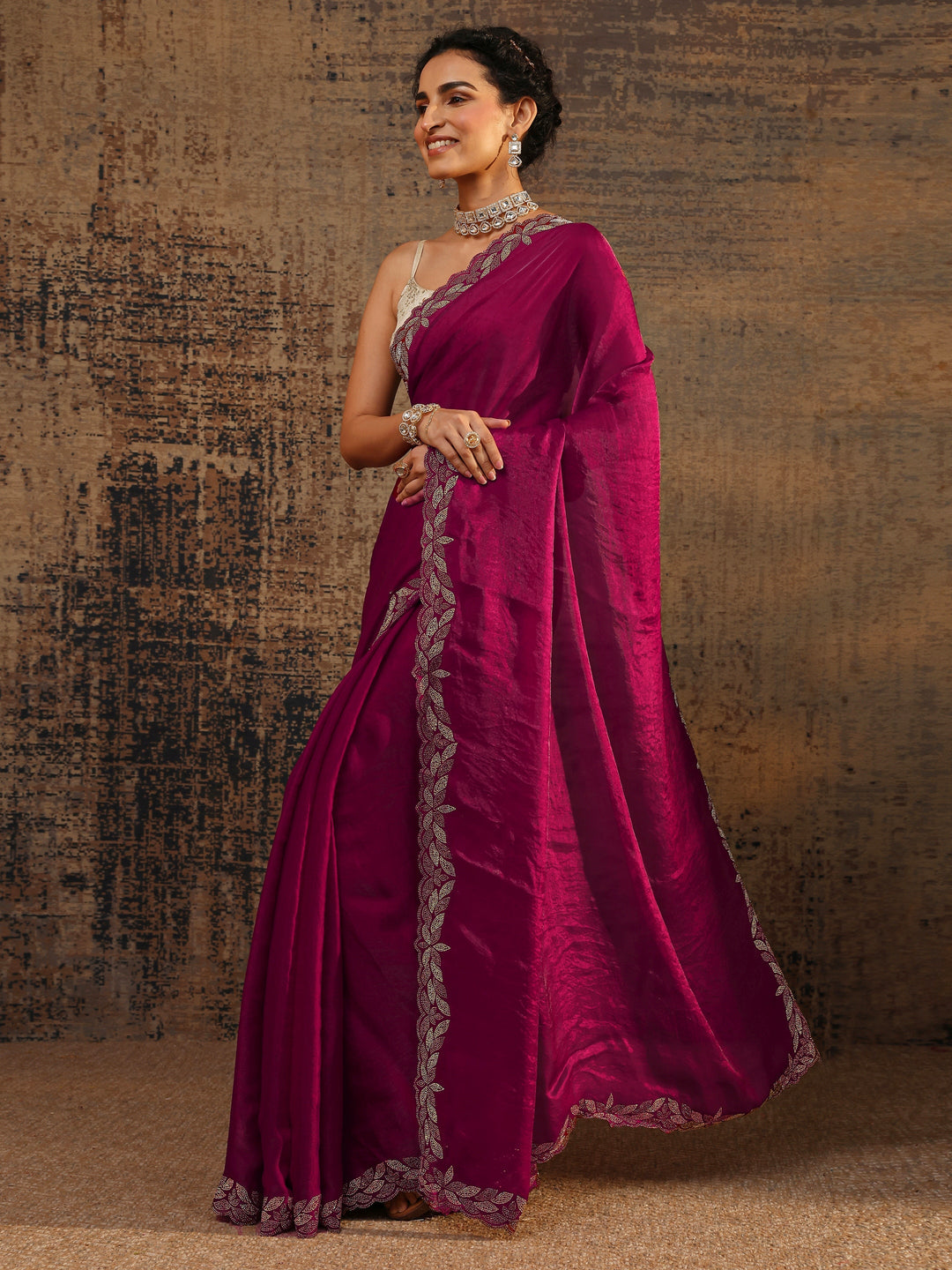 Pink Solid Satin Saree With Unstitched Blouse Piece
