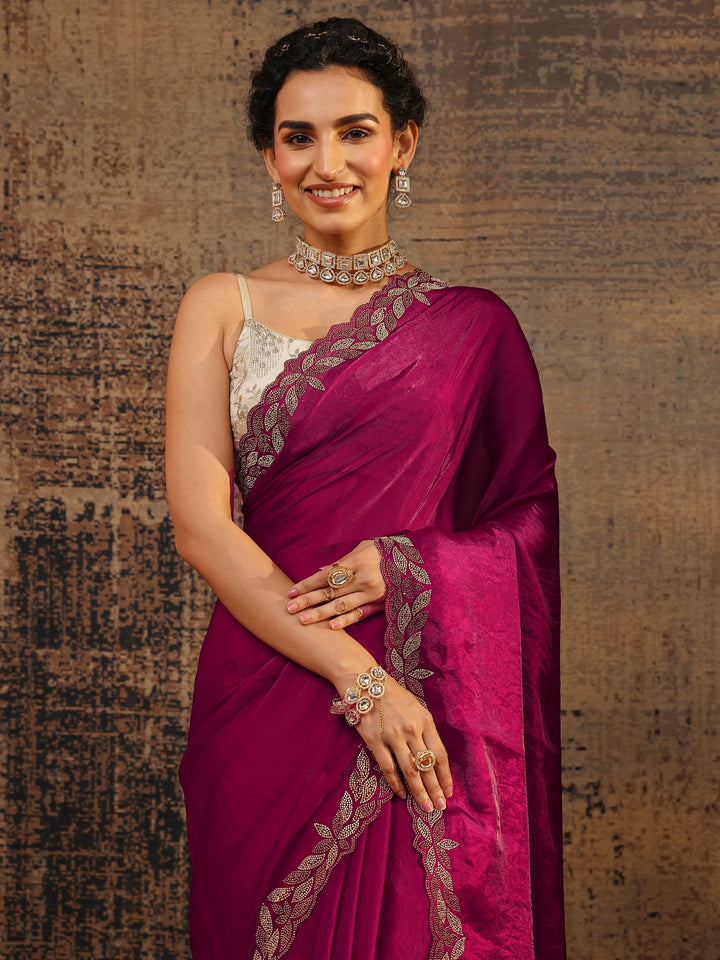 Pink Solid Satin Saree With Unstitched Blouse Piece