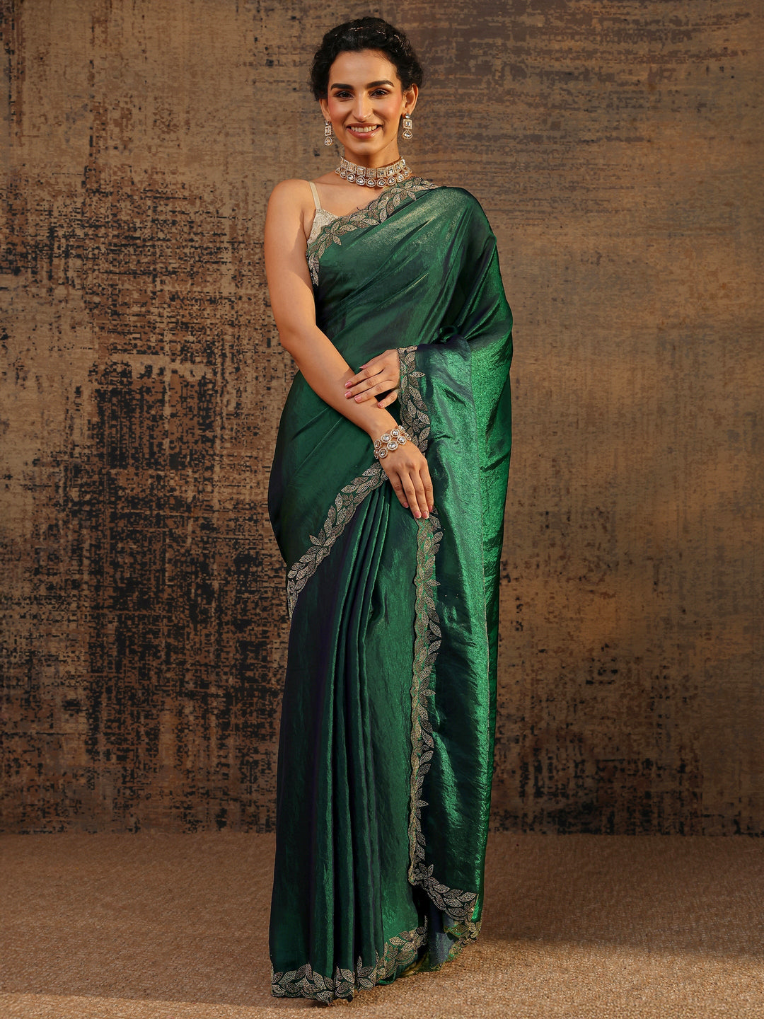 Green Solid Satin Saree With Unstitched Blouse Piece