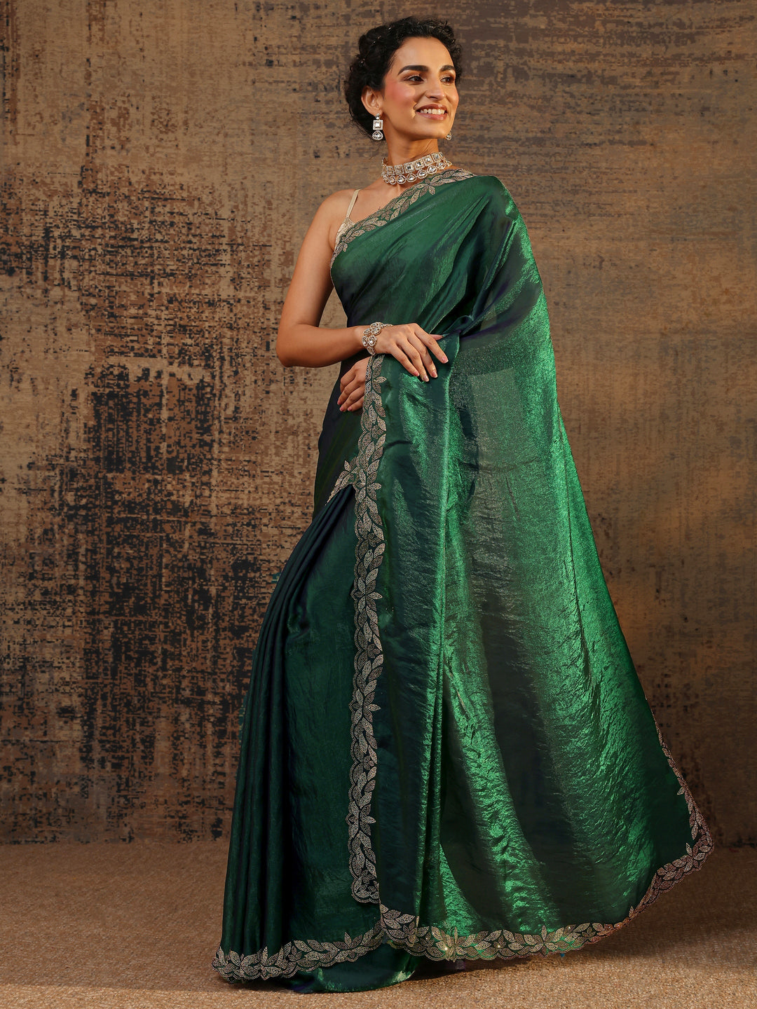 Green Solid Satin Saree With Unstitched Blouse Piece