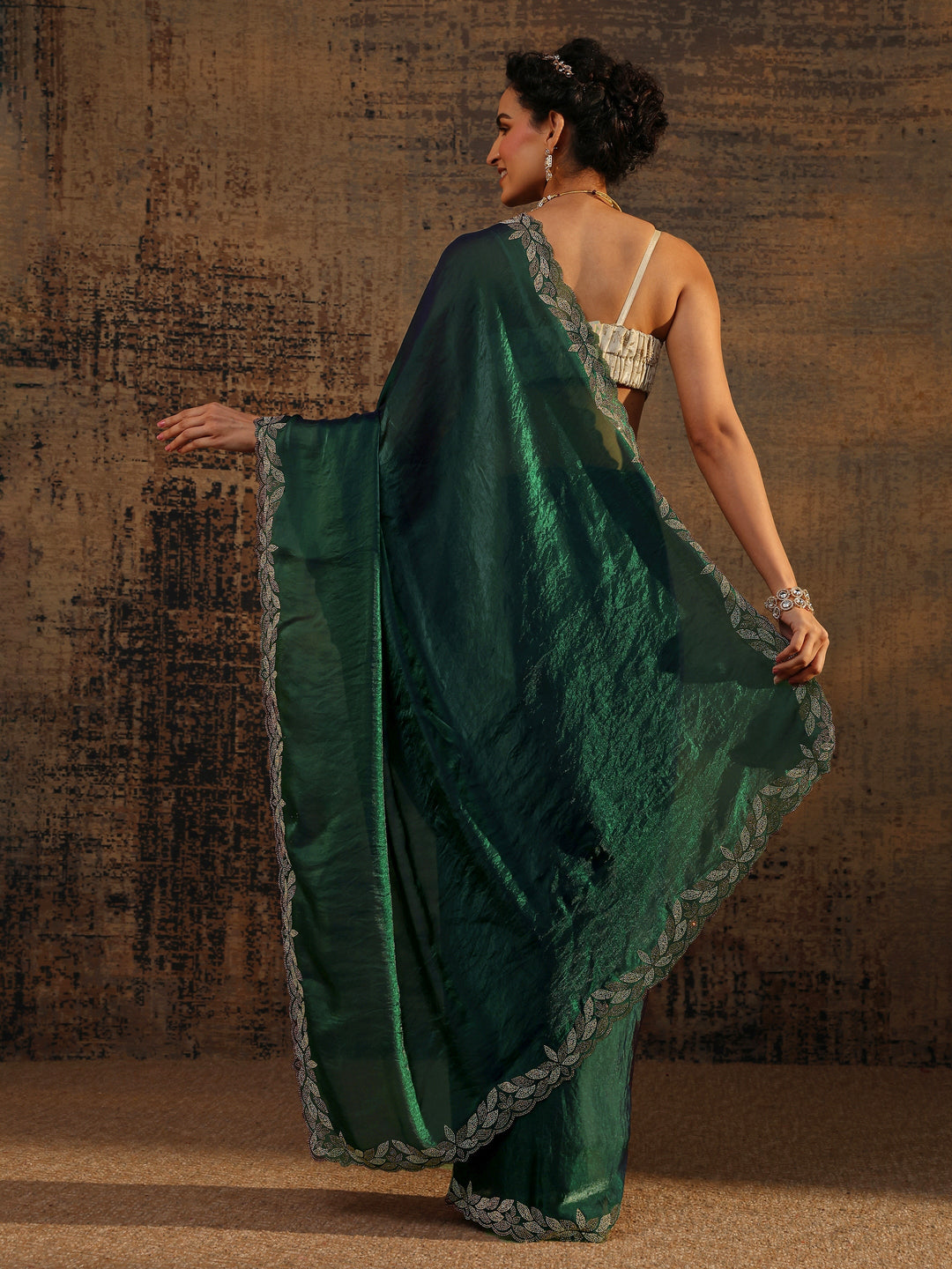 Green Solid Satin Saree With Unstitched Blouse Piece
