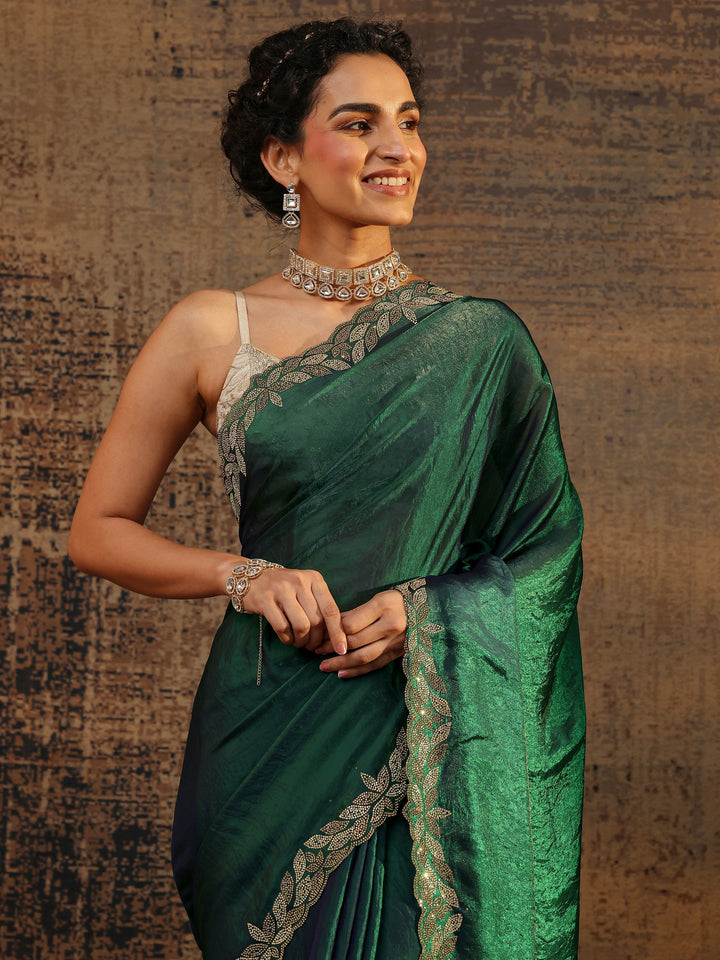 Green Solid Satin Saree With Unstitched Blouse Piece