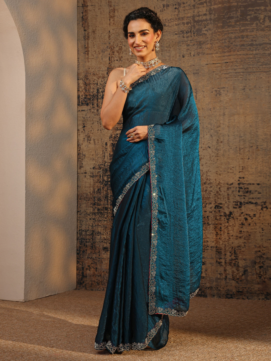 Blue Solid Satin Saree With Unstitched Blouse Piece