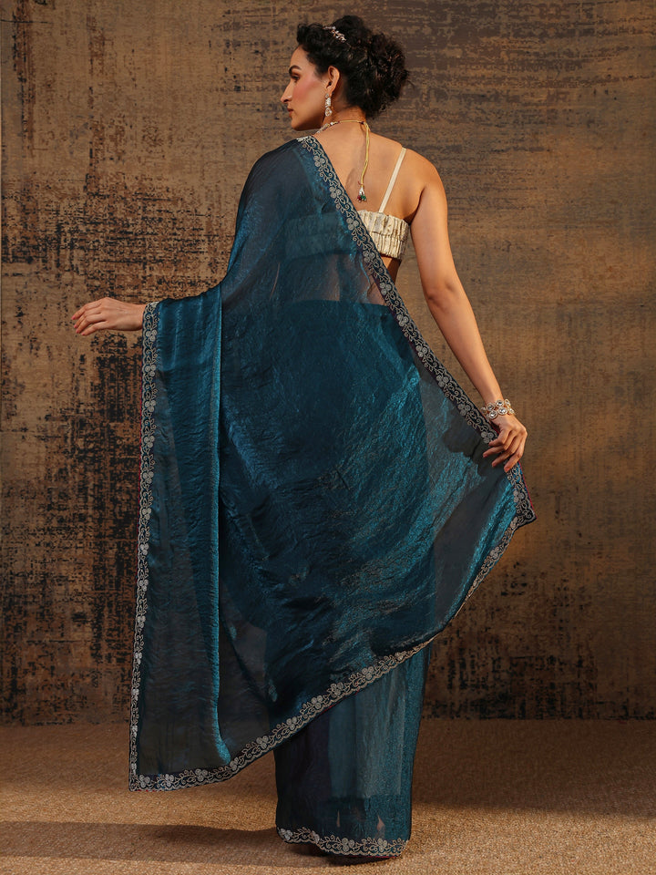 Blue Solid Satin Saree With Unstitched Blouse Piece