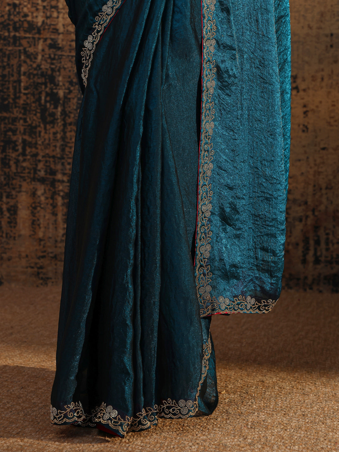 Blue Solid Satin Saree With Unstitched Blouse Piece