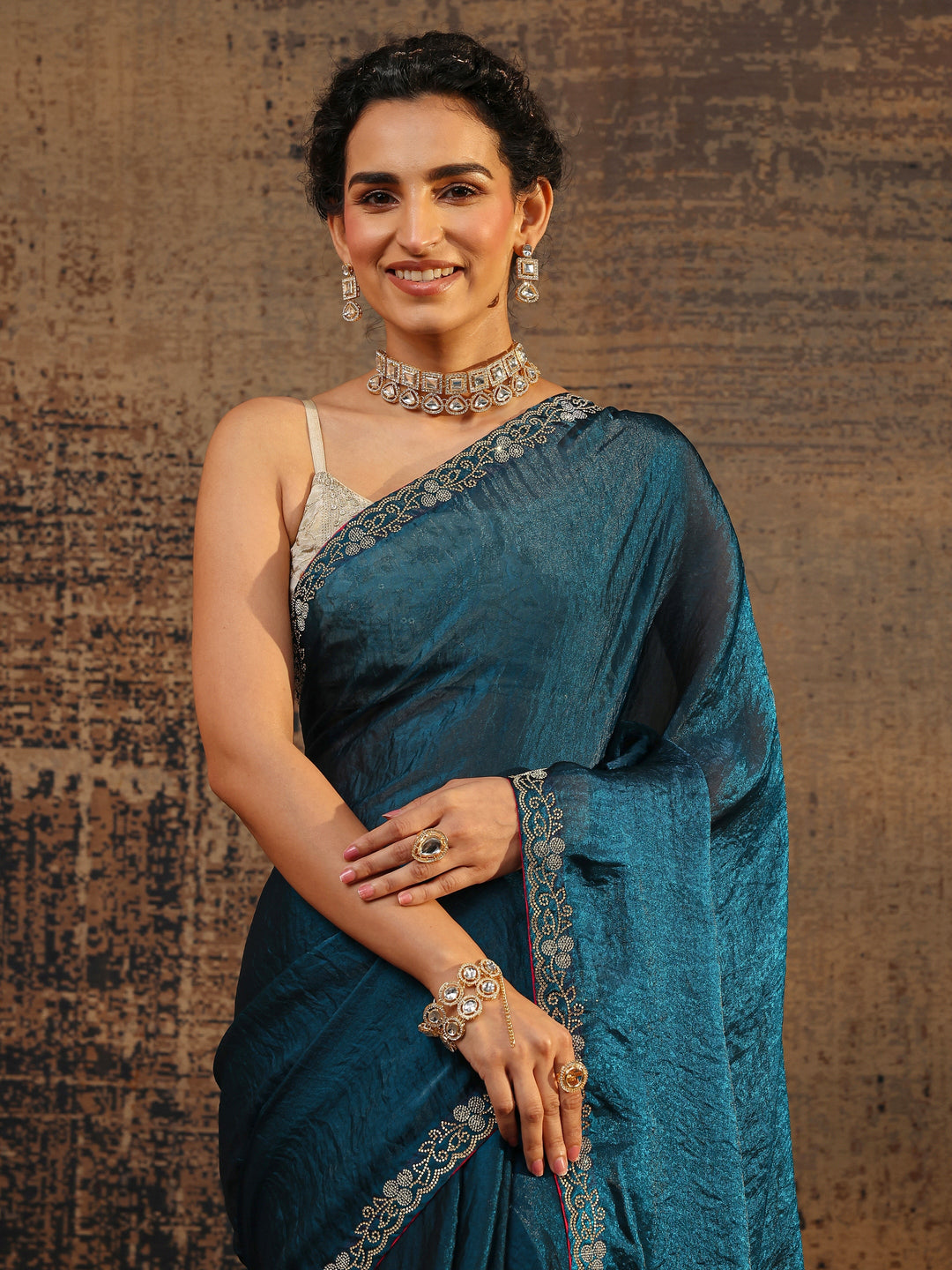 Blue Solid Satin Saree With Unstitched Blouse Piece