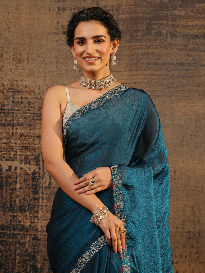 Blue Solid Satin Saree With Unstitched Blouse Piece