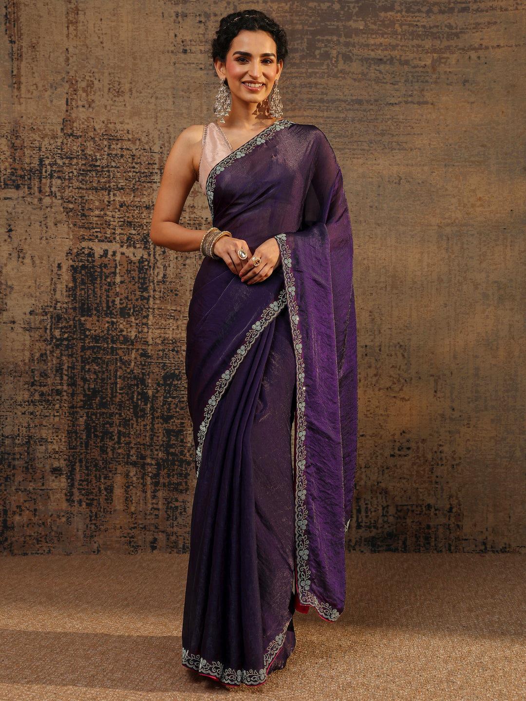 Purple Solid Satin Saree With Unstitched Blouse Piece