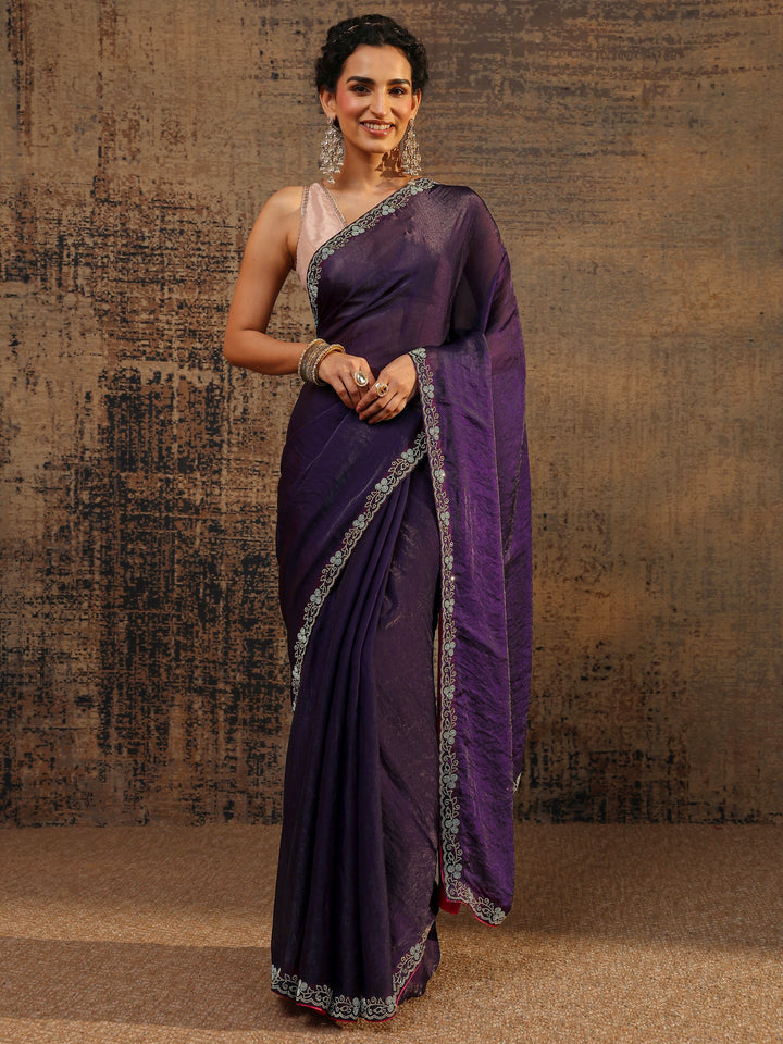 Purple Solid Satin Saree With Unstitched Blouse Piece