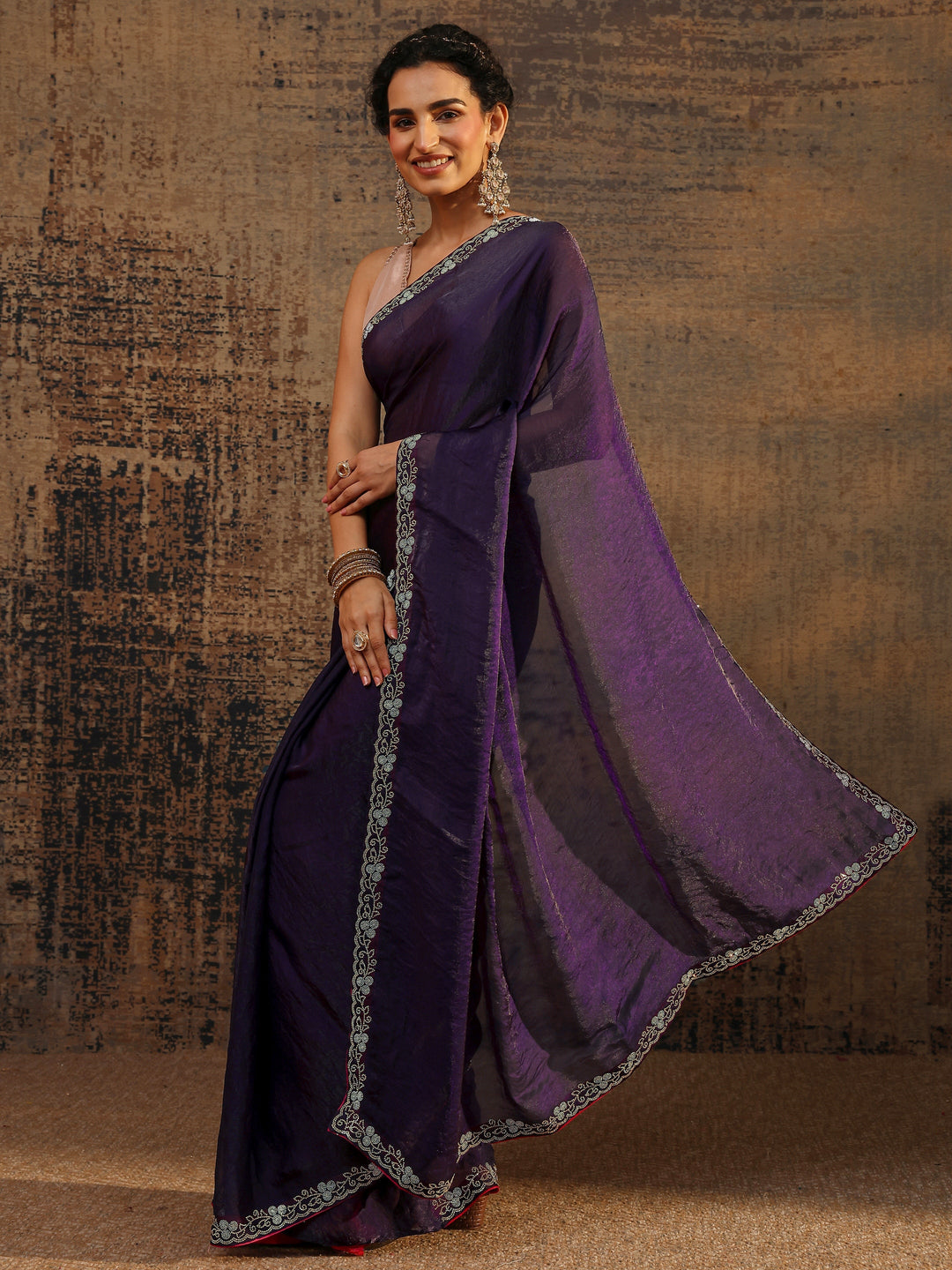 Purple Solid Satin Saree With Unstitched Blouse Piece