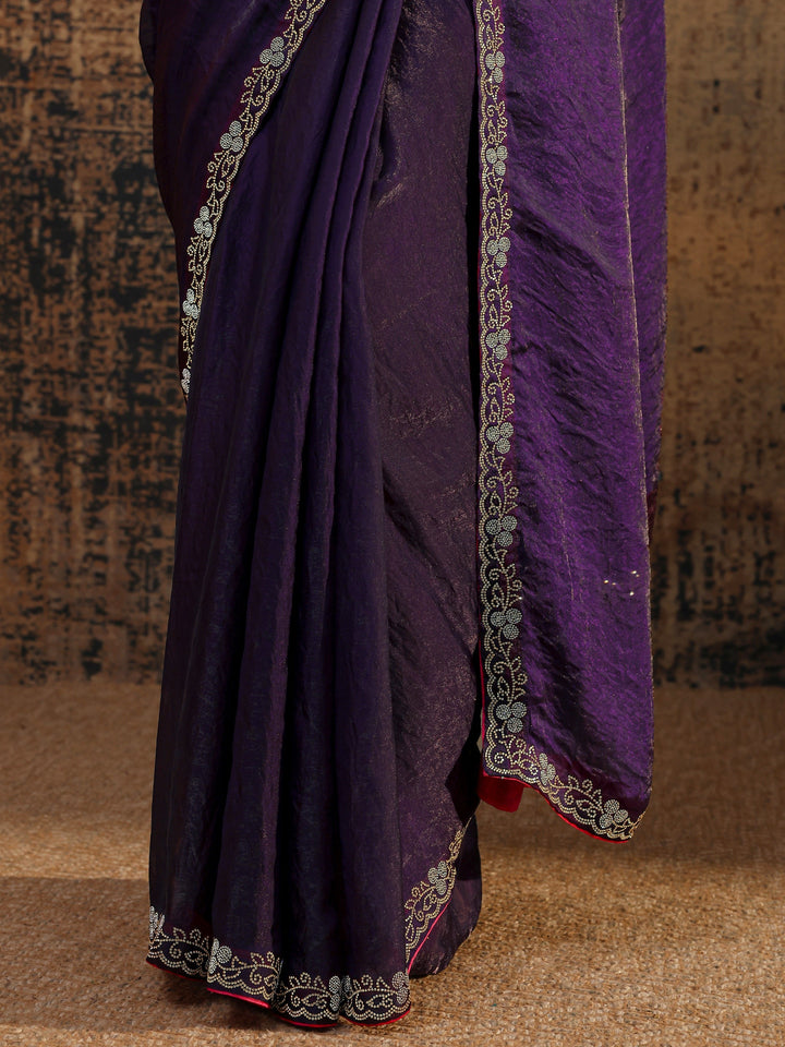 Purple Solid Satin Saree With Unstitched Blouse Piece