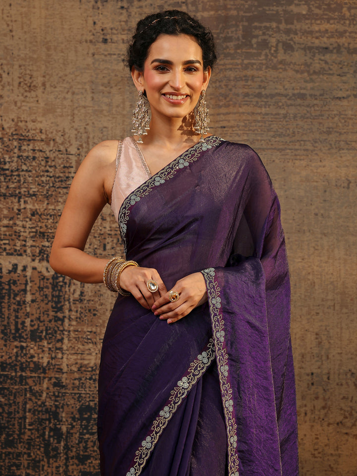 Purple Solid Satin Saree With Unstitched Blouse Piece