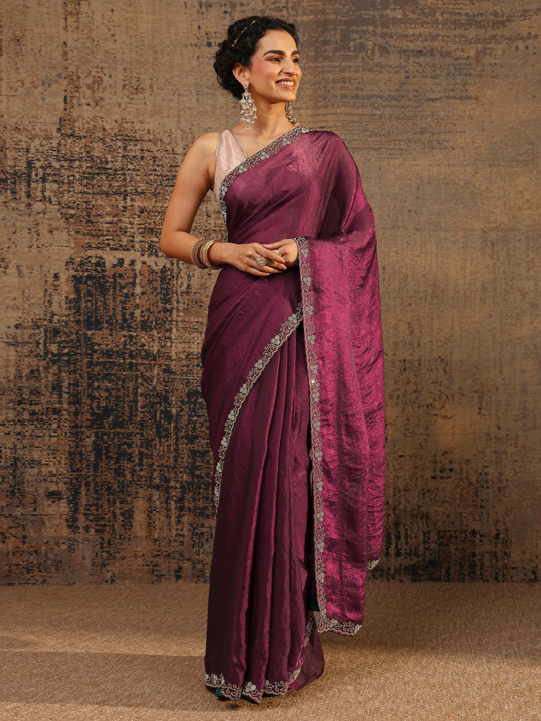 Burgundy Solid Satin Saree With Unstitched Blouse Piece
