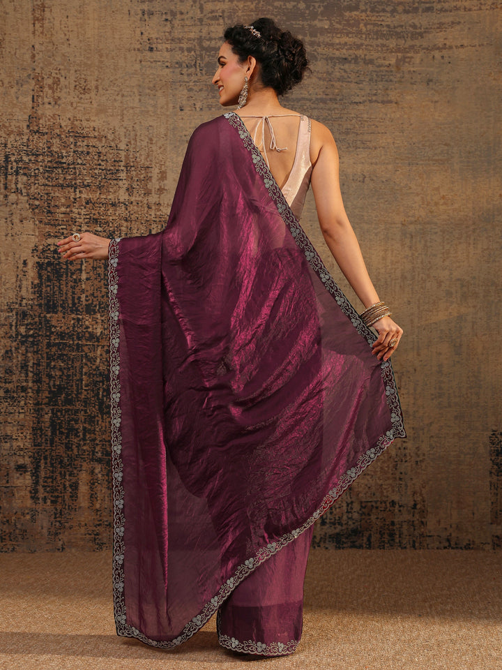 Burgundy Solid Satin Saree With Unstitched Blouse Piece