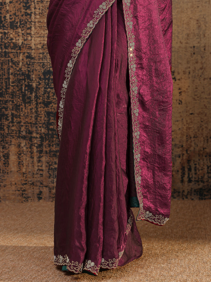 Burgundy Solid Satin Saree With Unstitched Blouse Piece
